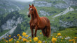 A chestnut horse in a meadow with yellow flowers against a mountainous background, portraying the concept of nature and wildlife. Generative AI