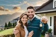 © OceanProd - Happy young white couple holding their home keys looking at the camera at their house front