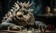 Toy Godzilla Playing Chess With Giant Alligator