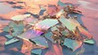 Colorful abstract glass shards reflecting light on a sandy beach at sunset.