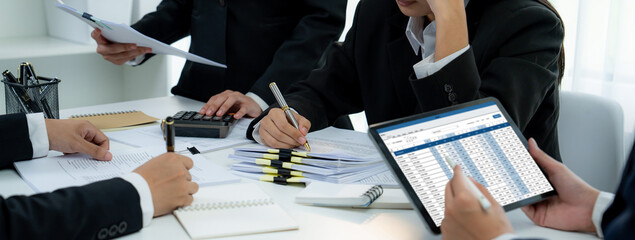 Aufkleber - corporate accountant team use accounting software on tablet to calculate and maximize tax refunds an