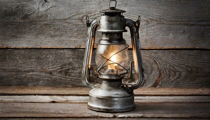 Glowing Relic: Antique Kerosene Lamp on Wooden Background