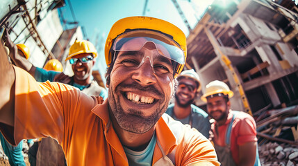 A group of funny, cheerful construction workers standing together in a row, sharing a moment of camaraderie and unity