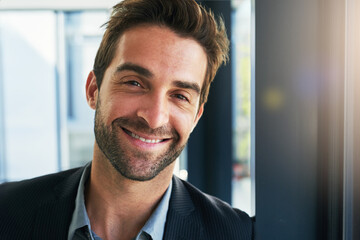 Fototapete - Business man, portrait and happy agent in office, human resources and confident for hiring in company. Male person, employee and smile for consulting, vision and plan for growth in startup company