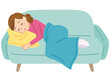 しんどそうにソファーに横たわる女性　体調不良
