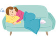 しんどそうにソファーに横たわる女性　体調不良