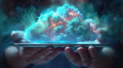 Poster - Hands holding a tablet with a cloud emanating from it, symbolizing cloud storage and data security against a dark, starry background, Generative AI.