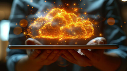Poster - Hands holding a tablet with a glowing cloud above it, symbolizing cloud technology and data security against a blurred background, Generative AI.