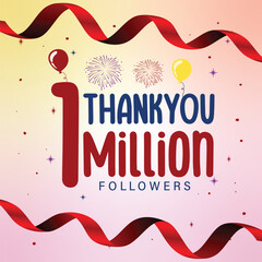 Wall Mural - 1 Million followers celebration post design with  red ribbon and sparkles , 1M Followers thanking followers on social media