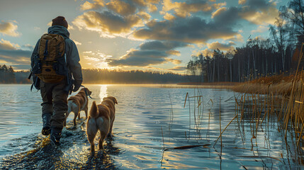 View from the back a hunter with hunting dogs walks along a lake with reeds in search of prey. Hunting season concept.