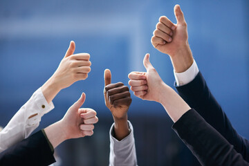 Poster - Thumbs up, hands and business people in office with thank you, welcome or success sign on blue background. Support, vote or team with service review, feedback or winning sign for solidarity and trust
