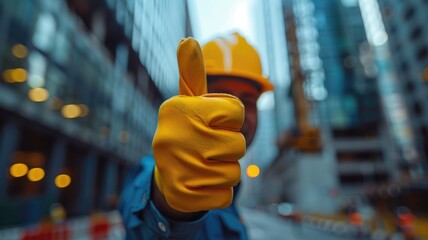 Wall Mural - A construction worker is giving a thumbs up while wearing a yellow jacket