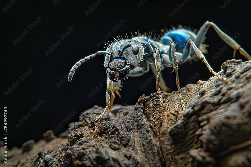 Mystic portrait of Blue-Silver Ant on root in studio, The insect's back ...