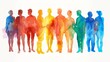 watercolor illustration of people silhouettes in different LGBTQ colors standing together in unity, white background