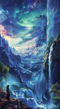 A Blue Alien Landscape With Waterfalls And A Starry Sky