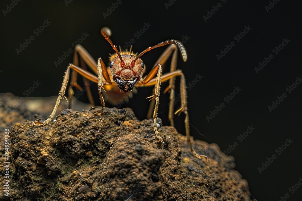 Mystic portrait of Dark Brown Ant on root in studio, The insect's back ...