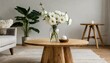 Simplicity Refined: Stylish Scandinavian Interior with Round Wooden Table and Fresh White Flowers