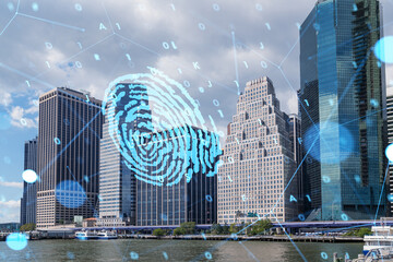 Wall Mural - Manhattan skyline with a digital fingerprint hologram overlay representing security and technology concepts. Double exposure