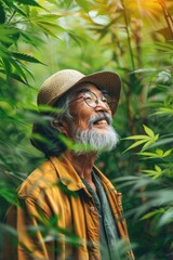 Wall Mural - A man with a hat and glasses is standing in a forest