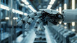 futuristic android hand on the background of a production line
