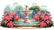 A tranquil garden scene with a fountain and blooming