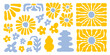 Groovy abstract floral set. Organic doodle shapes isolated on a white background. Trendy retro naive art set.  Blue and yellow colors. Vector illustration