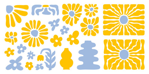 Wall Mural - Groovy abstract floral set. Organic doodle shapes isolated on a white background. Trendy retro naive art set.  Blue and yellow colors. Vector illustration