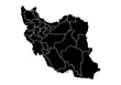 Mapa negro de Irán en fondo blanco. 