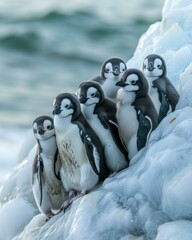 Sticker - A group of a bunch of penguins sitting on top of some ice. Generative AI.