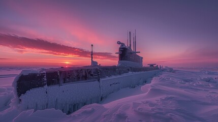 Poster - A submarine is sitting on top of a frozen lake. Generative AI.