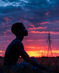 Poster - A man sitting in a field at sunset with his back to the camera. Generative AI.