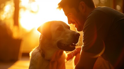 Poster - A man and dog sitting together on a porch in the sun. Generative AI.