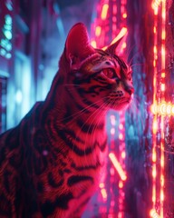Wall Mural - A cat standing in front of a neon lit wall. Generative AI.