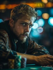 Poster - A man sitting at a table with poker chips in front of him. Generative AI.