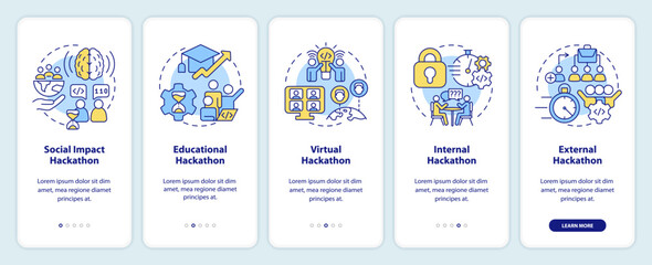 Hackathons types onboarding mobile app screen. Tech events walkthrough 5 steps editable graphic instructions with linear concepts. UI, UX, GUI template. Myriad Pro-Bold, Regular fonts used