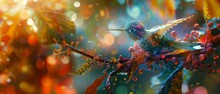 A Colorful Bird Perched On A Branch With Berries And Leaves. Generative AI.