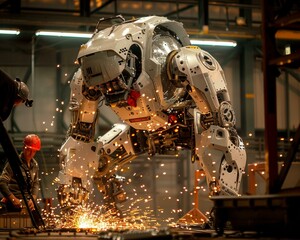 Sticker - A robot welding in a factory with other workers nearby. Generative AI.