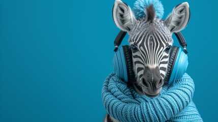 Canvas Print - A zebra wearing headphones and a scarf. Generative AI.