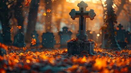 Canvas Print - A cross in a cemetery surrounded by leaves and autumn. Generative AI.