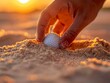 A person is putting a golf ball into the sand. Generative AI.