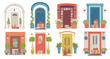 Various home entrance doors vector set, house porch with arch, flower pots and lanterns, delivery boxes and post package