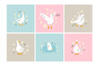 Cute goose. Adorable farm birds in different poses, funny characters and flowers. Childish print and poster, kids textile and nursery decor. Stickers set. Vector cartoon flat isolated illustration