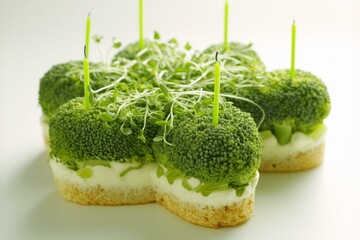 Sticker - A close up of a cake with broccoli and green . Generative AI.