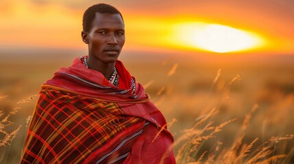 Poster - A man in a red blanket standing next to tall grass. Generative AI.