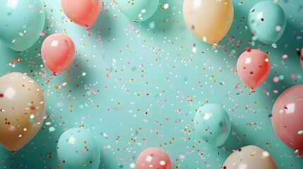Wall Mural - Festive Birthday Celebration with Balloons and Confetti, Green Pastel Background, Chaotic Elegance