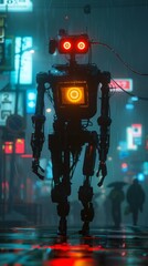 Canvas Print - A robot with glowing eyes is standing in the middle of a street. Generative AI.