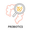 Intestines and Probiotics. Different colorful microbiome and microbiota. Bifidobacterium and lactobacillus, supplement isolated elements. Gastrointestinal health, vector cartoon flat illustration