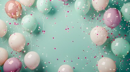 Wall Mural - Festive Birthday Celebration with Balloons and Confetti, Green Pastel Background, Chaotic Elegance