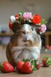 A guinea pig wearing a flower crown and surrounded by strawberries. Generative AI.