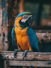 Sticker - A colorful parrot perched on a wooden railing in a cage. Generative AI.